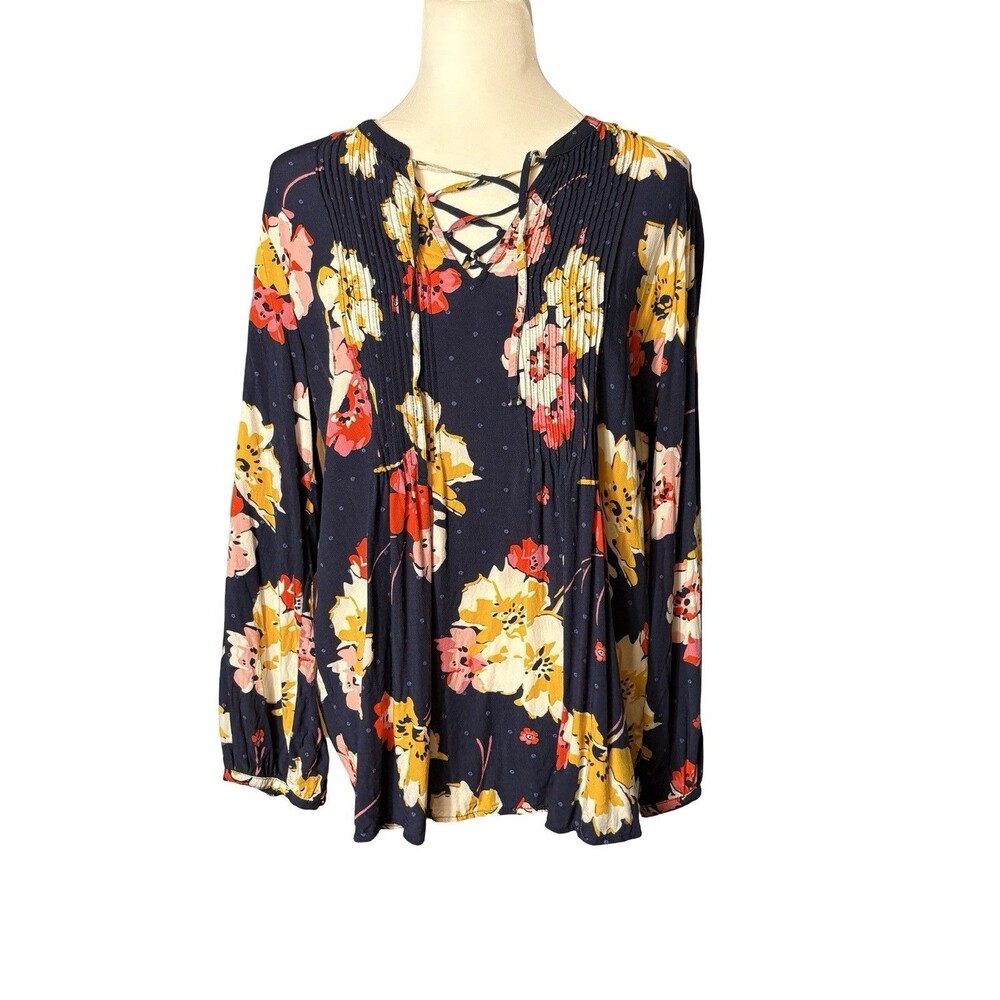 🌺 Old Navy Floral Lace-Up Babydoll Tunic Sz L Pin Tuck Blouse GUC! 🌺